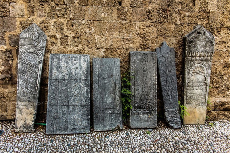 Muslim tombstones, garden courtyards, Archaeological Museum in the former Order Hospital of the Knights of St John, 15th century, Old Town, Rhodes Town, Greece, Europe