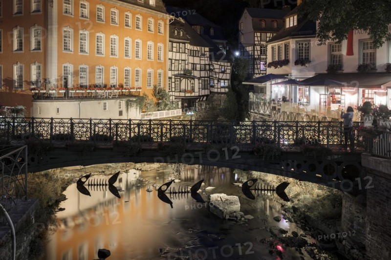 Historic Old Town on the Rur in the Evening, Red House, Eifel, Northern Eifel, Monschau, North Rhine-Westphalia, North Rhine-Westphalia, Germany, Europe