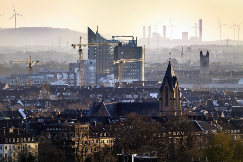 Viewpoint from Grafenberger Wald over Duesseldorf, with bank building of Sparda-Bank, in the background power station Frimmersdorf, Duesseldorf, North Rhine-Westphalia, Germany, Europe