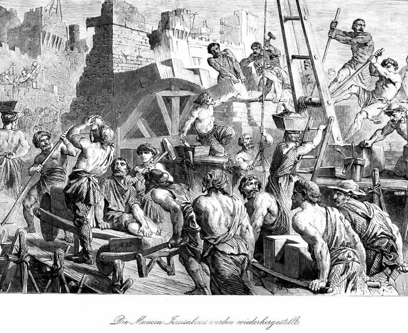 The walls of Jerusalem are being rebuilt, construction work, workers, tools, buckets, baskets, carts, wall, stones, crane, strenuous, strength, building, carrying, walls, Bible, Old Testament, The Book of Nehemiah, historical illustration around 1850