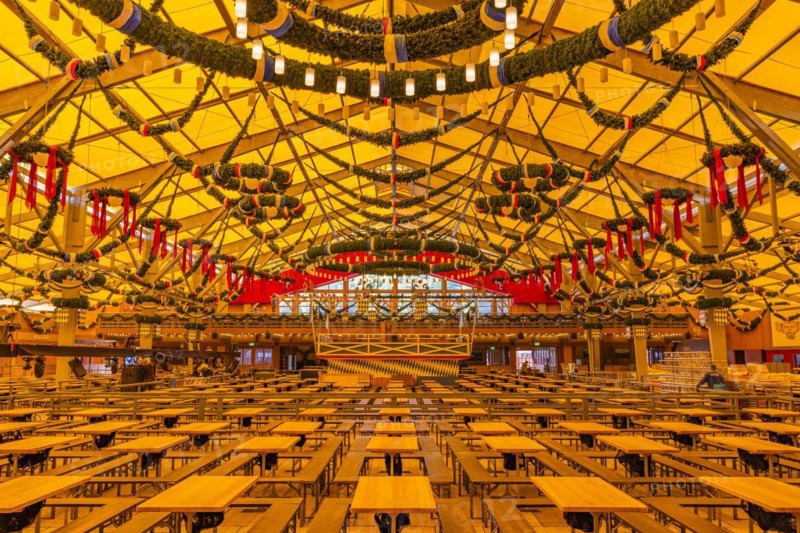 Wiesnaufbau, Schottenhamel marquee, Oktoberfest, Theresienwiese, Munich, Upper Bavaria, Bavaria, Germany, Europe