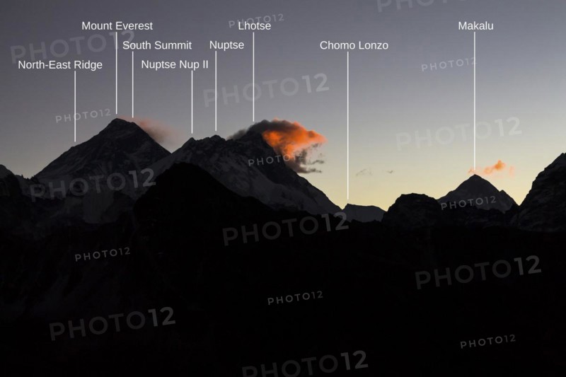 Daybreak at Gokyo Ri. Three clouds mark three eight-thousanders, Mount Everest on the left, Lhotse in the middle and Makalu on the right-hand-side in the greater distance. Photo with peak labels. Gokyo Trek, Khumbu, the Everest Region, Himalayas. Sagarmatha National Park, a UNESCO World Heritage Site. Solukhumbu, Nepal, Asia