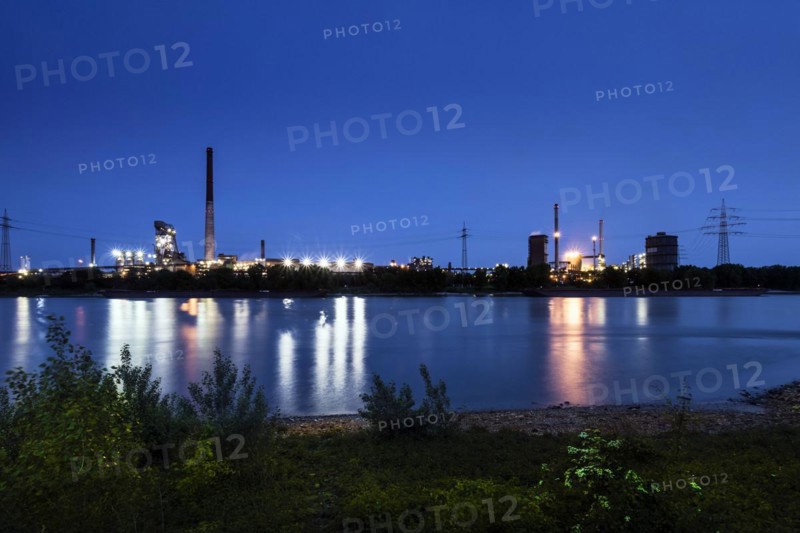 Panorama of Huettenwerke Krupp Mannesmann, HKM, Rhine, night shot, Duisburg, North Rhine-Westphalia, North Rhine-Westphalia, Germany, Europe