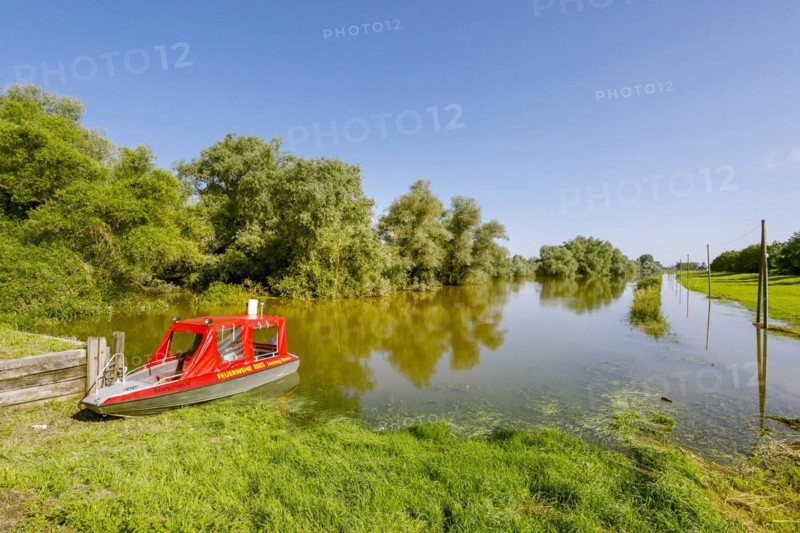 Flooding after heavy rain in North Rhine-Westphalia in the nature reserve at the Grietherorter and Bienener Altrhein, road flooded, boat of the fire brigade Rees, Rees, North Rhine-Westphalia, Germany, Europe