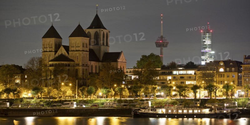 City panorama with the Rhine, the Church of St. Kunibert, the Colonius telecommunications tower and the Mediapark high-rise, Cologne, Rhineland, North Rhine-Westphalia, Germany, Europe