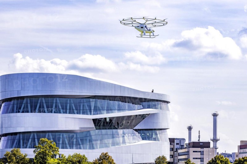 Flight taxi at the Mercedes Museum, first flight of a Velocopter over a major European city, autonomous aircraft without passenger and without pilot, Stuttgart, Baden-Wuerttemberg, Germany, Europe