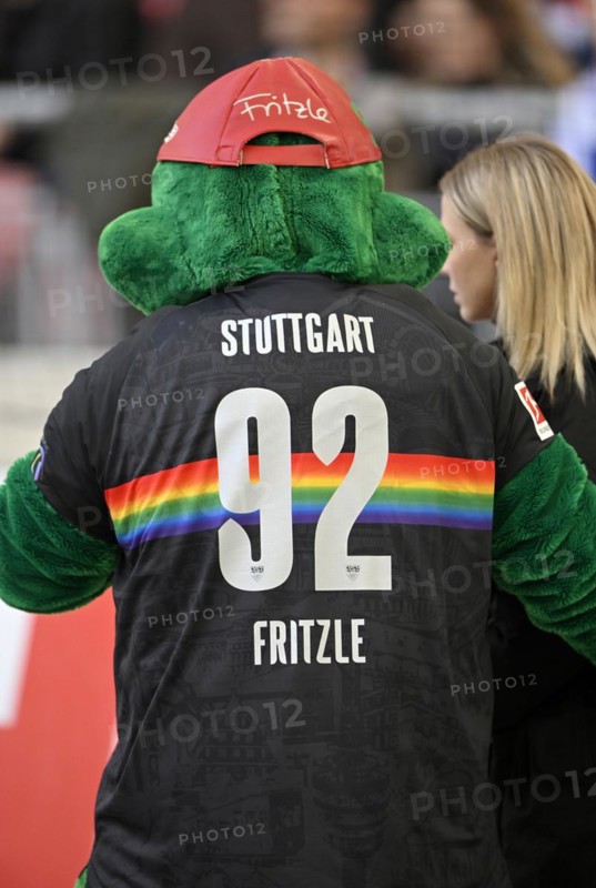 Mascot Fritzle, crocodile, in special jersey, symbolises diversity, LGBT, rainbow, Mercedes-Benz Arena, Stuttgart, Baden-Wuerttemberg, Germany, Europe
