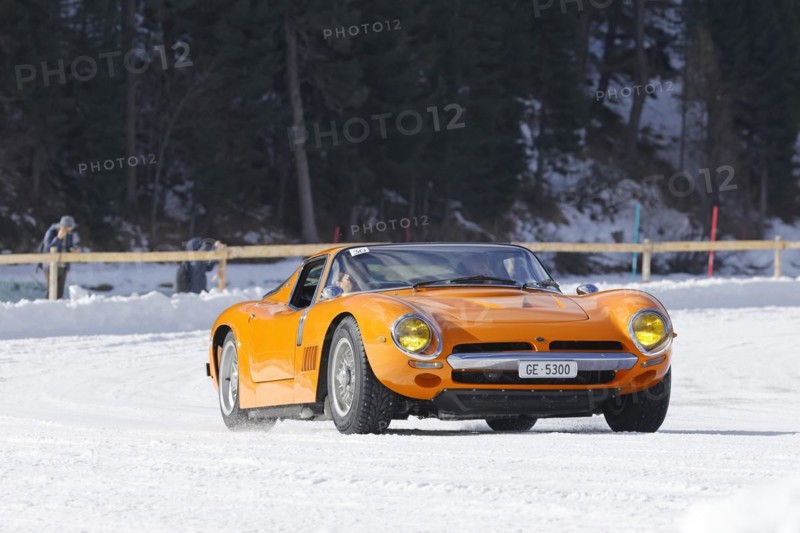 Bizzarrini 5300 GT Strada on the frozen lake, built 1968, The ICE, St. Moritz, Engadin, Switzerland, Europe