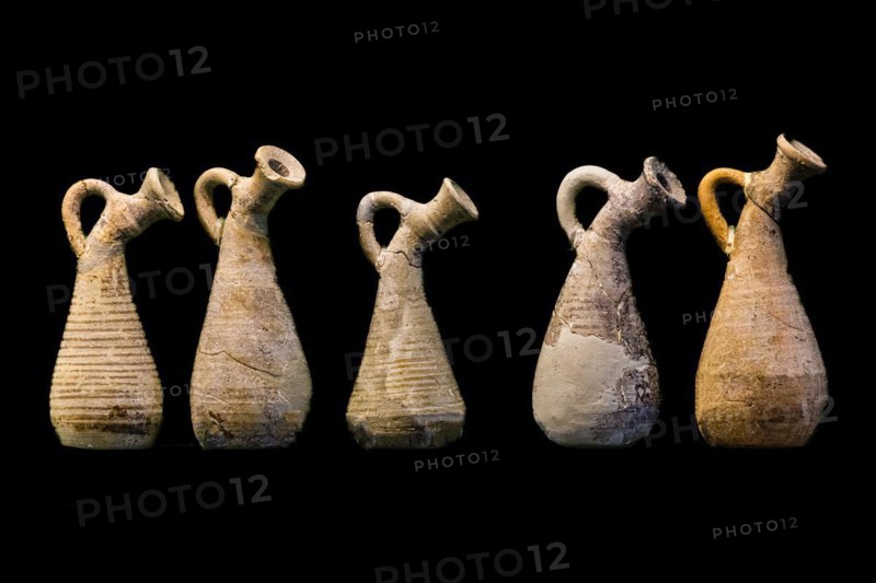 Small olive oil cans as grave goods, Lekythos, 650-600 BC, Tsampikos, Archaeological Museum in the former Order Hospital of the Knights of St John, 15th century, Old Town, Rhodes Town, Greece, Europe