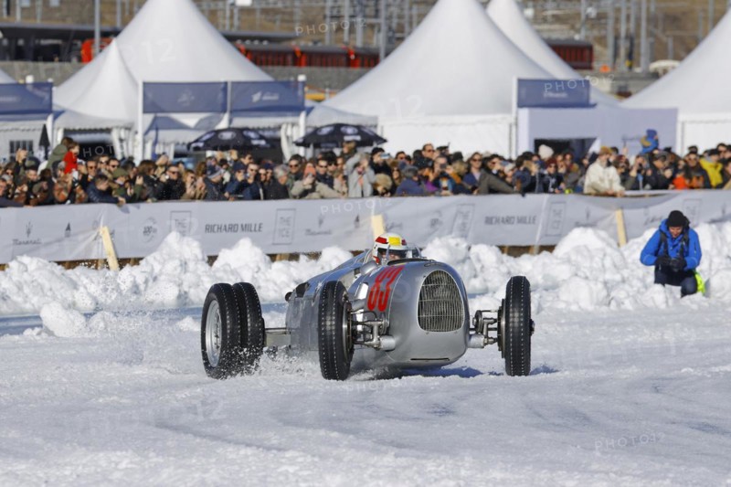 Auto Union C-Type, built 1936 on the frozen lake, faithful replica from the Audi Museum, The ICE, St. Moritz, Engadine, Switzerland, Europe