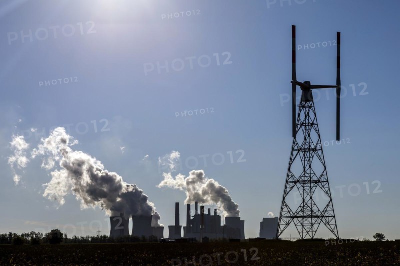Test field for wind turbines, in the background the Frimmersdorf lignite-fired power plant, Grevenbroich, North Rhine-Westphalia, Germany, Europe
