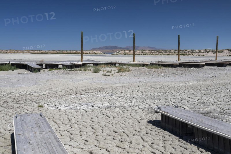 Salt Lake City, Utah, The marina at Antelope Island State Park. The lakes water level has fallen to a historic low