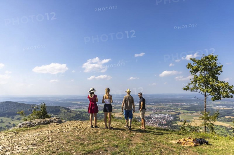 View from Breitenstein, rock plateau on the northern edge of the Swabian Alb, Bissingen an der Teck, Baden-Wuerttemberg, Germany, Europe