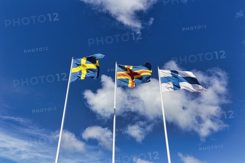 Three flags side by side, Sweden, Aland, Finland, sunny weather, Eckeroe, Fasta Aland, Aland Islands, Aland Islands, Finland, Europe