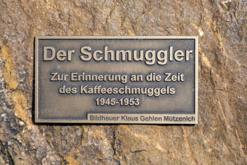 The Smuggler, this monument commemorates the time of coffee smuggling from 1945-1953 at the German-Belgian border, North Eifel, Monschau, North Rhine-Westphalia, North Rhine-Westphalia, Germany, Europe