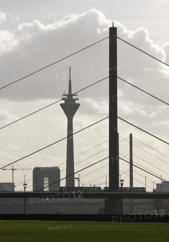 The Rhine Tower and the Rheinknie Bridge, Duesseldorf, North Rhine-Westphalia. Germany