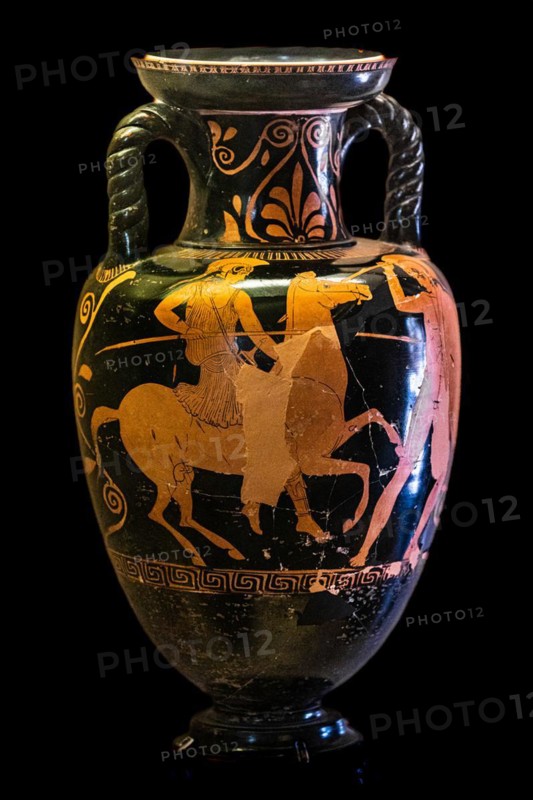 Amphora of the Cassel Artists, Amazon on horseback attacks a warrior, 450 BC, Tsampikou, Archaeological Museum in the former Order Hospital of the Knights of St John, 15th century, Old Town, Rhodes Town, Greece, Europe