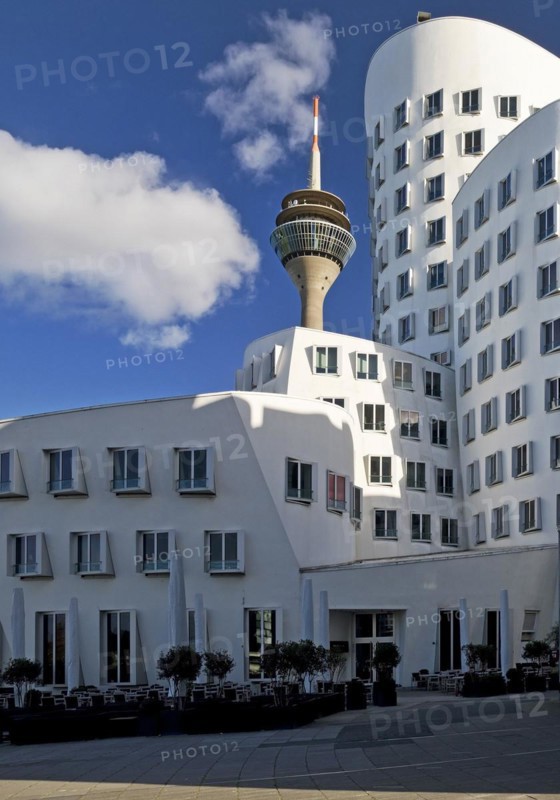 The New Customs Yard with a Gehry Building and the Rhine Tower, Duesseldorf, North Rhine-Westphalia, Germany, Europe