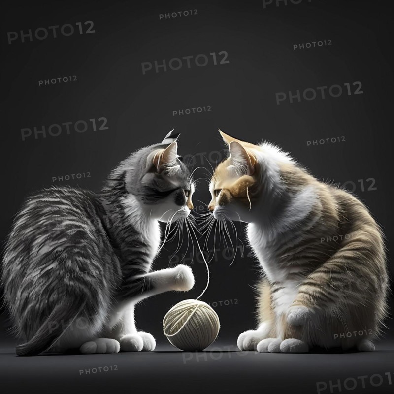 Small domestic cats play with a ball of yarn in front of a black background