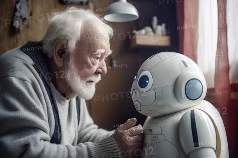 Cute care robot talks to a white-haired old man in a flat