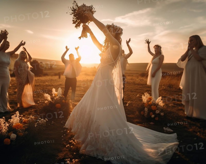 A happy bride tosses the bridal bouquet