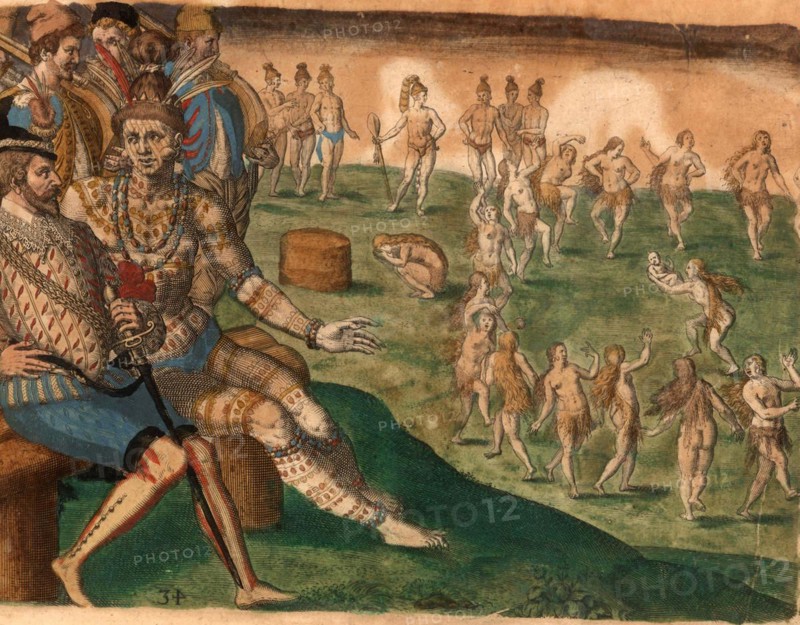 An Indian chief or king depicts a Frenchman dancing around a woman with a baby. Includes war club