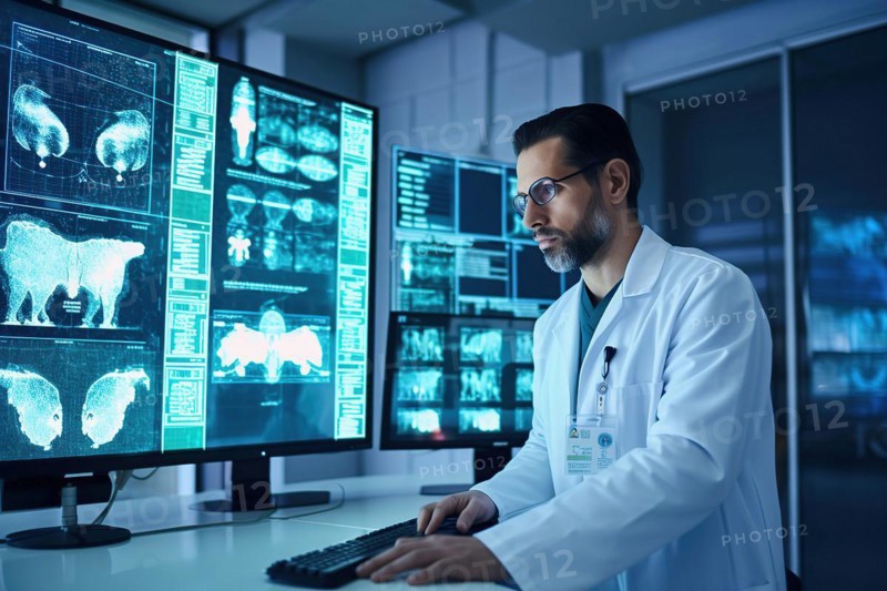 A scientist evaluating complex data on large screens