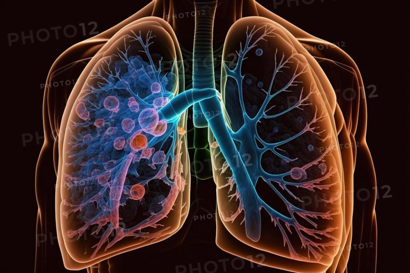 Schematic representation of a lung with bronchi and bronchioles as well as expression of a metastatic lung carcinoma