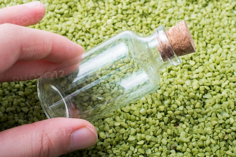 Empty little bottle in hand on green sand