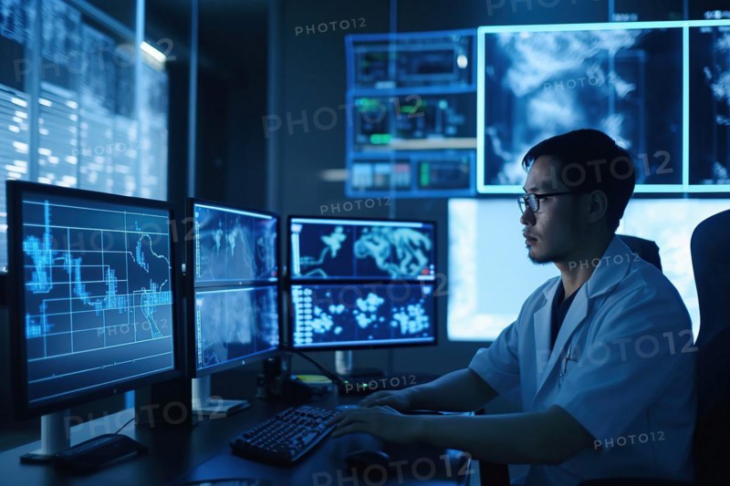 An Asian scientist evaluating complex data on large screens