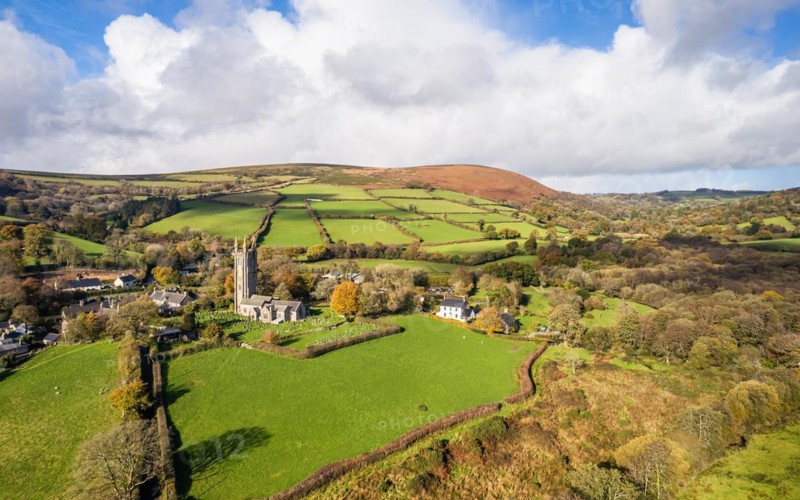 St Pancras Church in Widecombe in the Moor from a drone