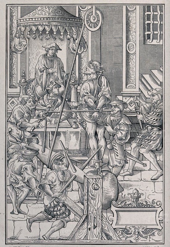 A man is tortured on a complicated device combining a rack