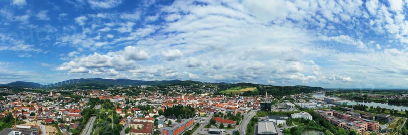 Aerial view of Deggendorf with a view of the historic old town. Deggendorf