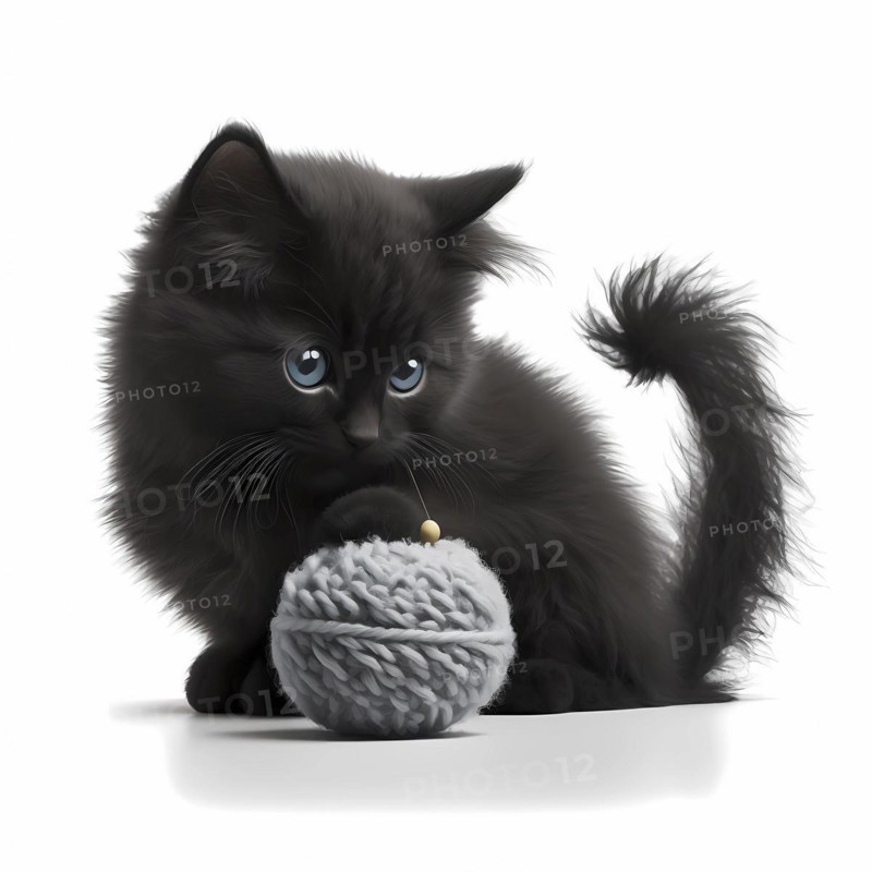 Small domestic cats play with a ball of wool in front of a white background