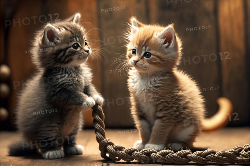 Two furry young cute kittens at play