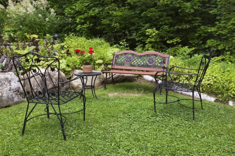Black wrought iron antique style armchairs and sitting bench painted brownish orange and red Super Moon Red geraniums