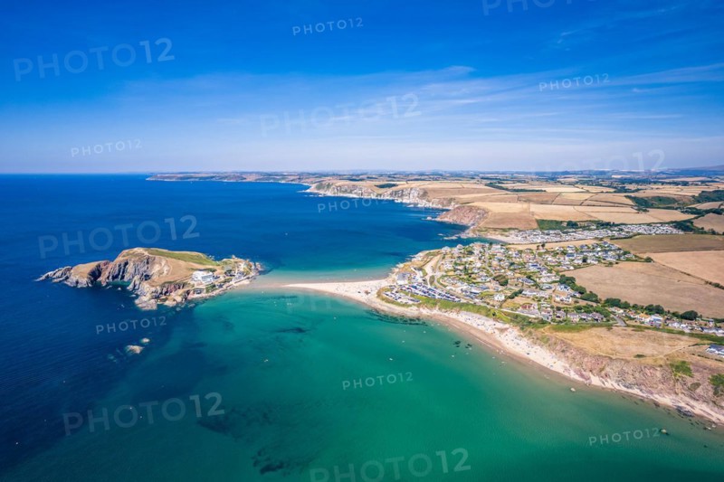 Aerial view of Burgh Island and Bigbury Beach from a drone
