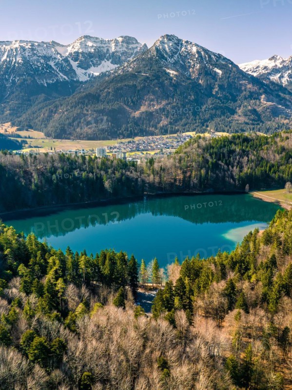 Lake in the forest with mountain panorama