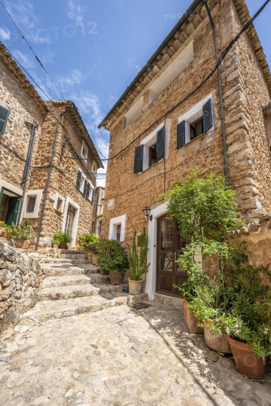 Flower pots in an alley with typical stone houses
