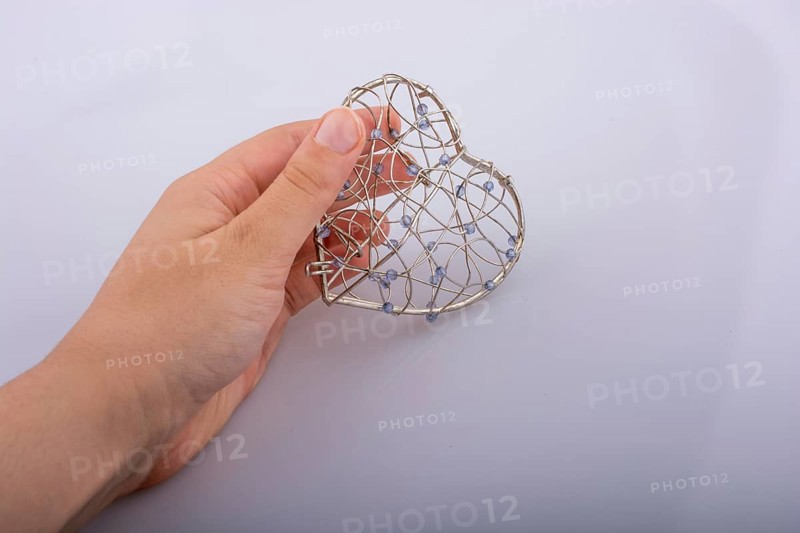 Heart shaped silver color metal wire cage in hand