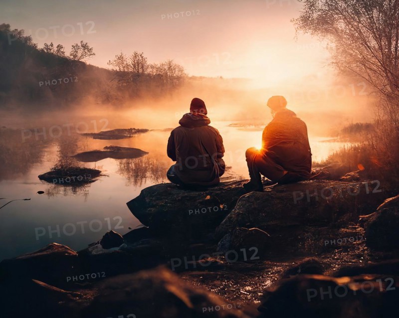 Two friends sitting in the evening light on a steaming riverbank at sunset