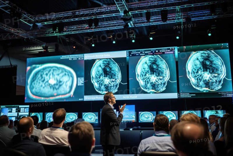 A scientist in a dark suit speaks at a congress in front of a large screen of medical images of MRI brain scans depicting a tumour