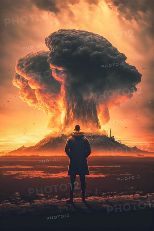 Person looks at huge explosion of apocalyptic war