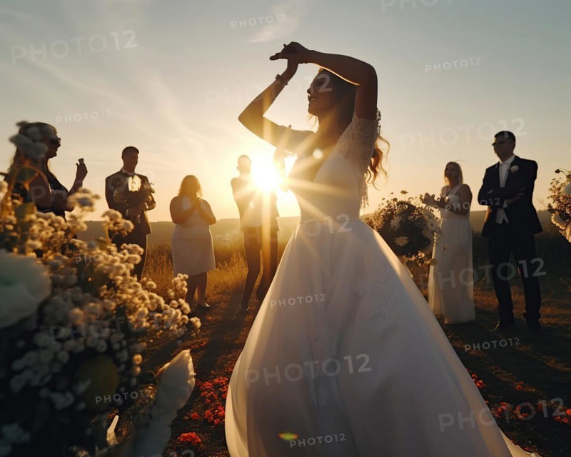 A happy bride in a white wedding dress dances between flower arrangements in the warm evening light