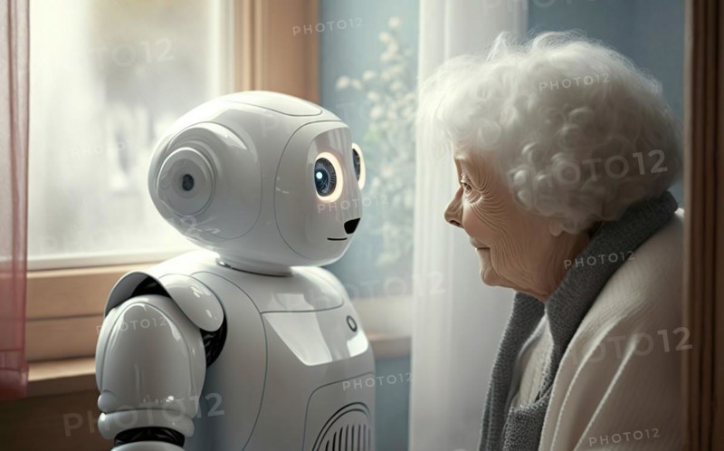 Cute nursing robot talks to a white-haired old lady in a retirement home