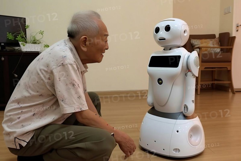 An elderly Asian man in a retirement home has fun with a nursing robot
