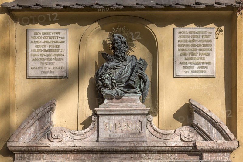 Sculpture of St Mark above the entrance portal of St Marks Church