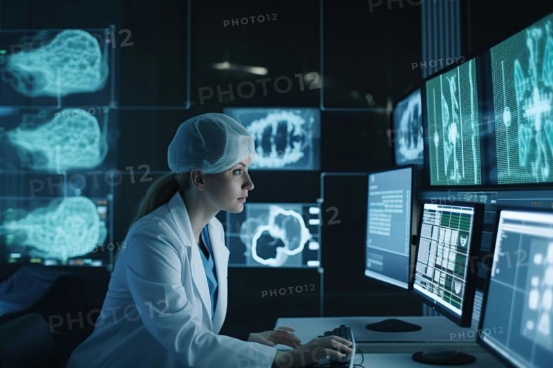A scientist evaluating complex data on large screens