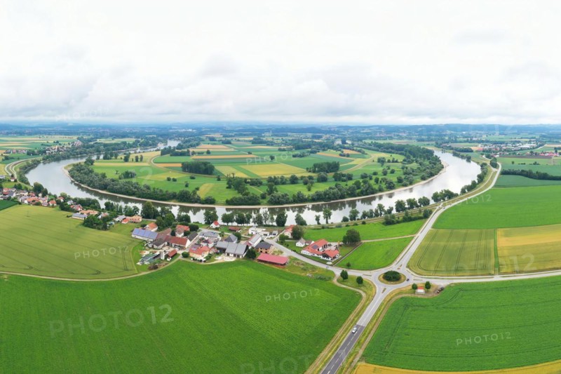 Aerial view of the river bend near Osterhofen with a view of the Danube near Muehlham. Osterhofen