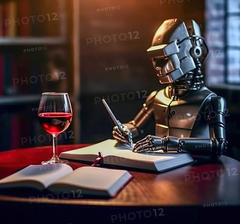 A humanoid AI robot writer writes a novel with a pen over a glass of wine